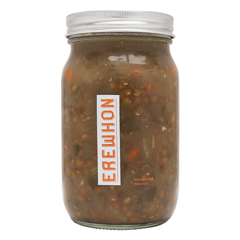 Jar of Erewhon Organic Lentil Soup with a label on a white background