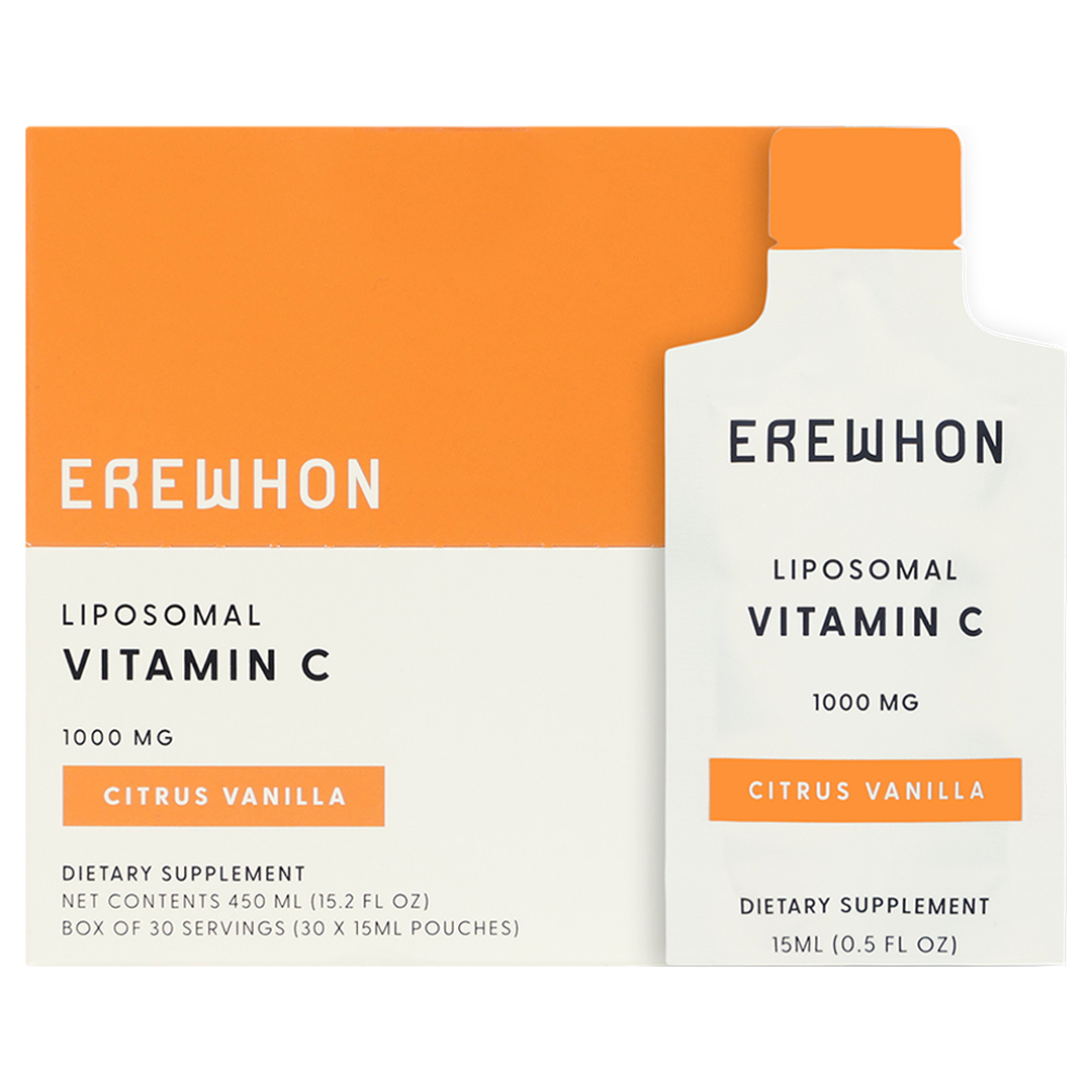 Packaging of Erewhon Liposomal Vitamin C supplement, with a citrus vanilla flavor, containing 1000 mg of Vitamin C per packet.