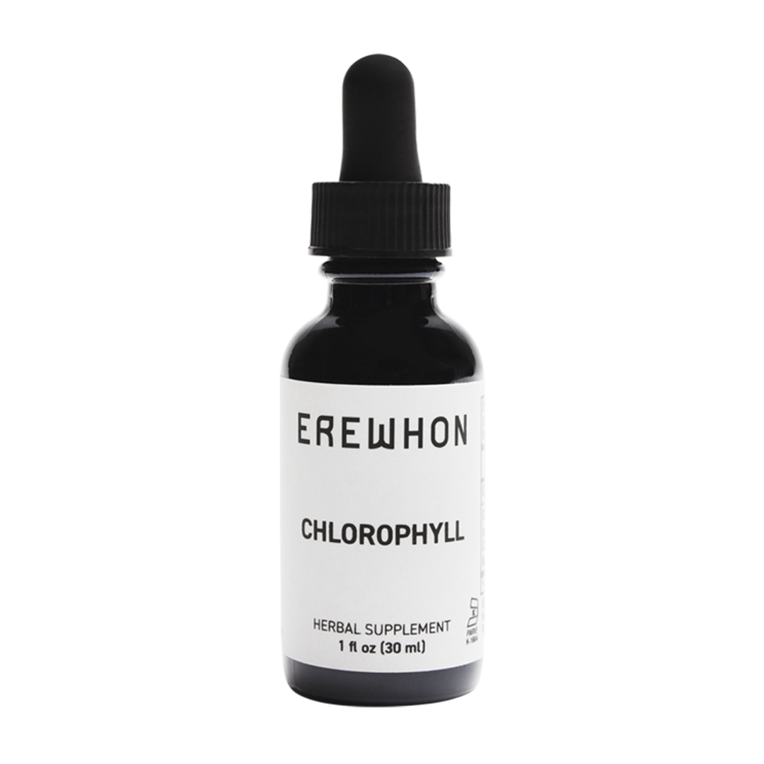 Erewhon Liquid Chlorophyll supplement, peppermint-flavored, vegan, alcohol-free, preservative-free, plant-based formula from Mulberry Leaf