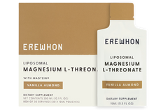 Erewhon Liposomal Magnesium L-Threonate with Vanilla Almond flavor. packaging includes 30 sachets