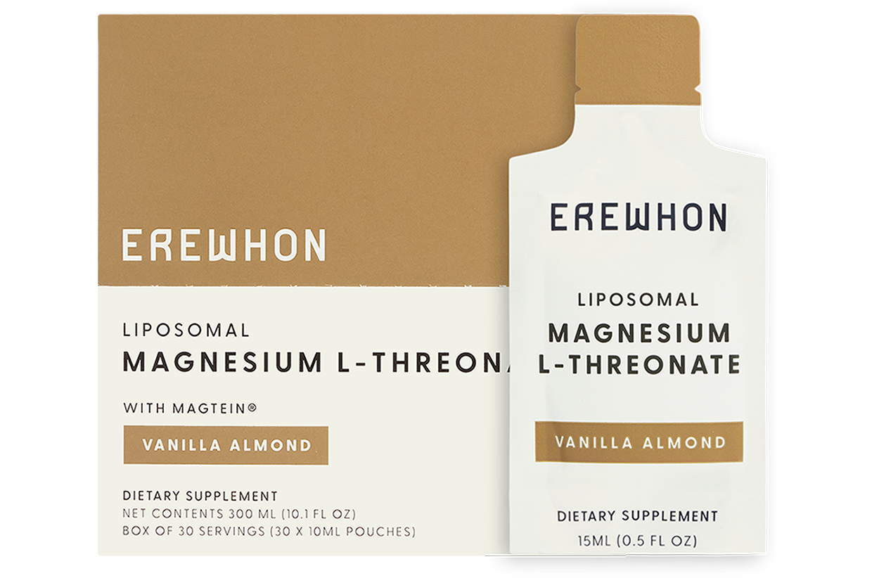 Erewhon Liposomal Magnesium L-Threonate with Vanilla Almond flavor. packaging includes 30 sachets