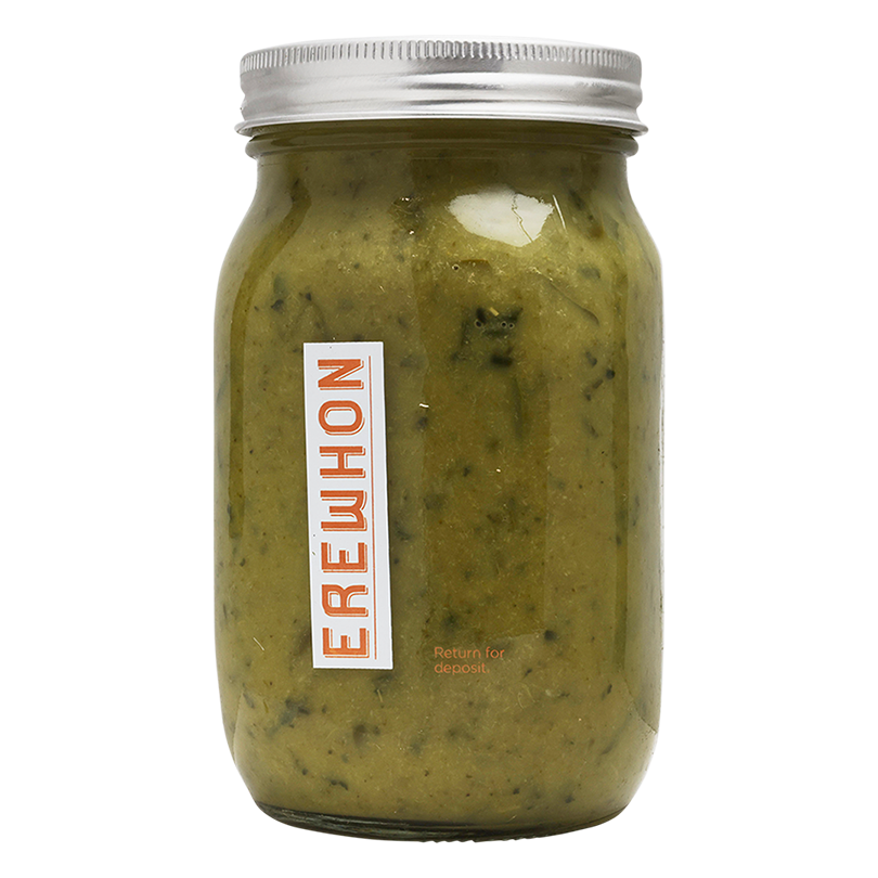 Organic Mighty Greens Soup Jar of green spread with a silver lid on a white background