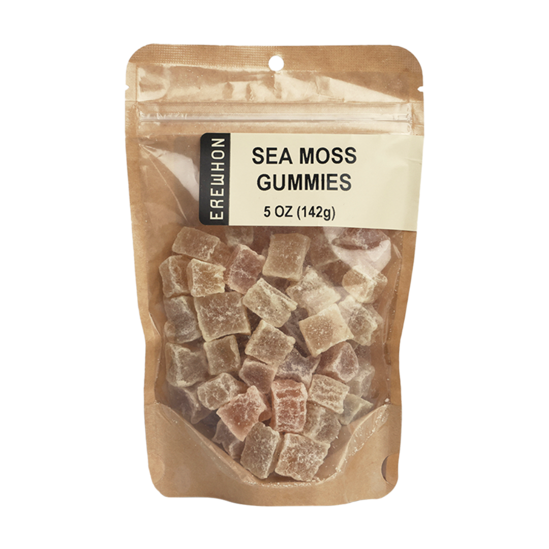 Packaging of Erewhon Sea Moss Gummies showing the product inside a clear plastic pouch with a brown paper top.