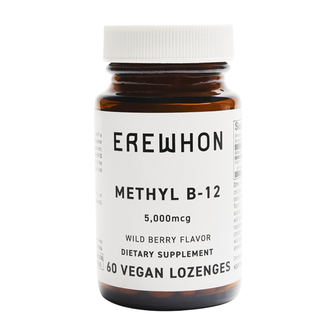 Erewhon Methyl B-12 dietary supplement lozenge bottle on a white background
