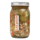 Erewhon Organic Chicken Vegetable Soup Jar of soup with visible ingredients and a brand label on a white background