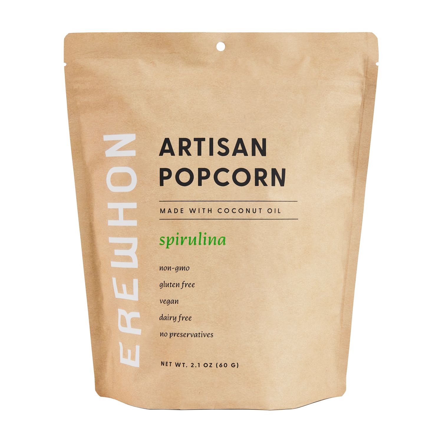 A package of Erewhon Artisanal Organic Spirulina Popcorn, with a label indicating that it is made with coconut oil and spirulina, and free from gluten, GMOs, dairy, and preservatives.