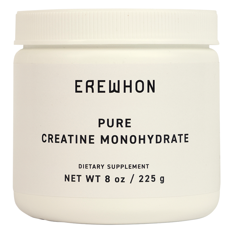 A container of Erewhon Pure Creatine Monohydrate, dietary supplement, with a net weight of 8 oz / 225 g.