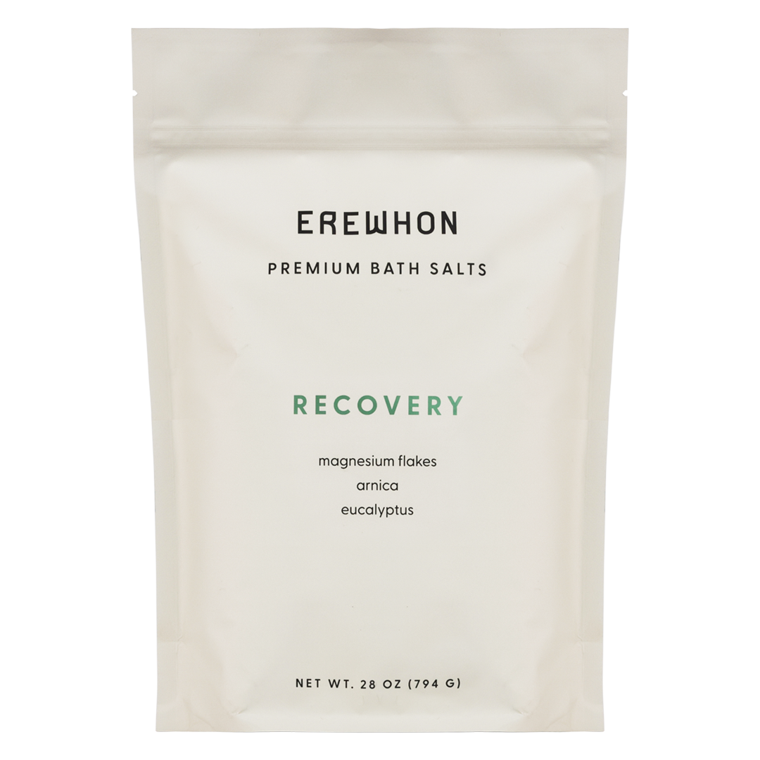 A package of Erewhon Premium Bath Salts in the Uplift variant, featuring magnesium flakes with rose geranium and bergamot.