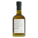 The back of a glass bottle of Erewhon ROC Organic Extra Virgin Olive Oil, showing the white product label and a black cap, on a solid white background.