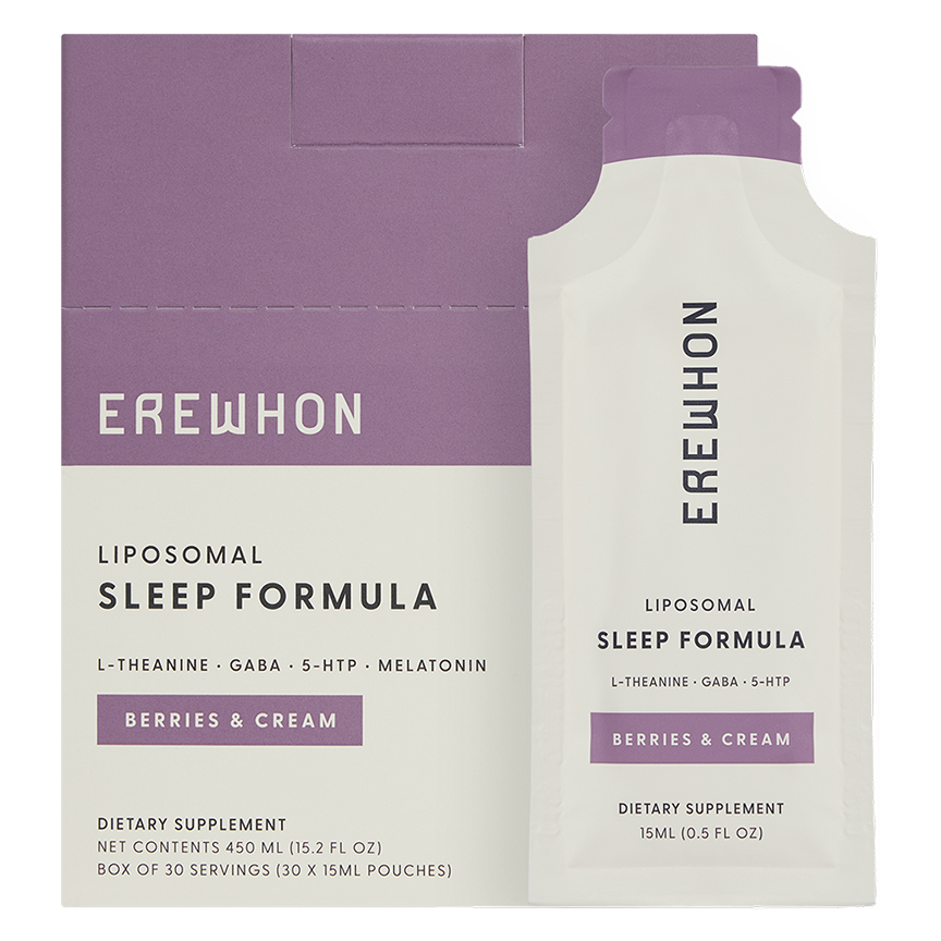 Erewhon Liposomal Sleep Formula packaging with purple and white design.