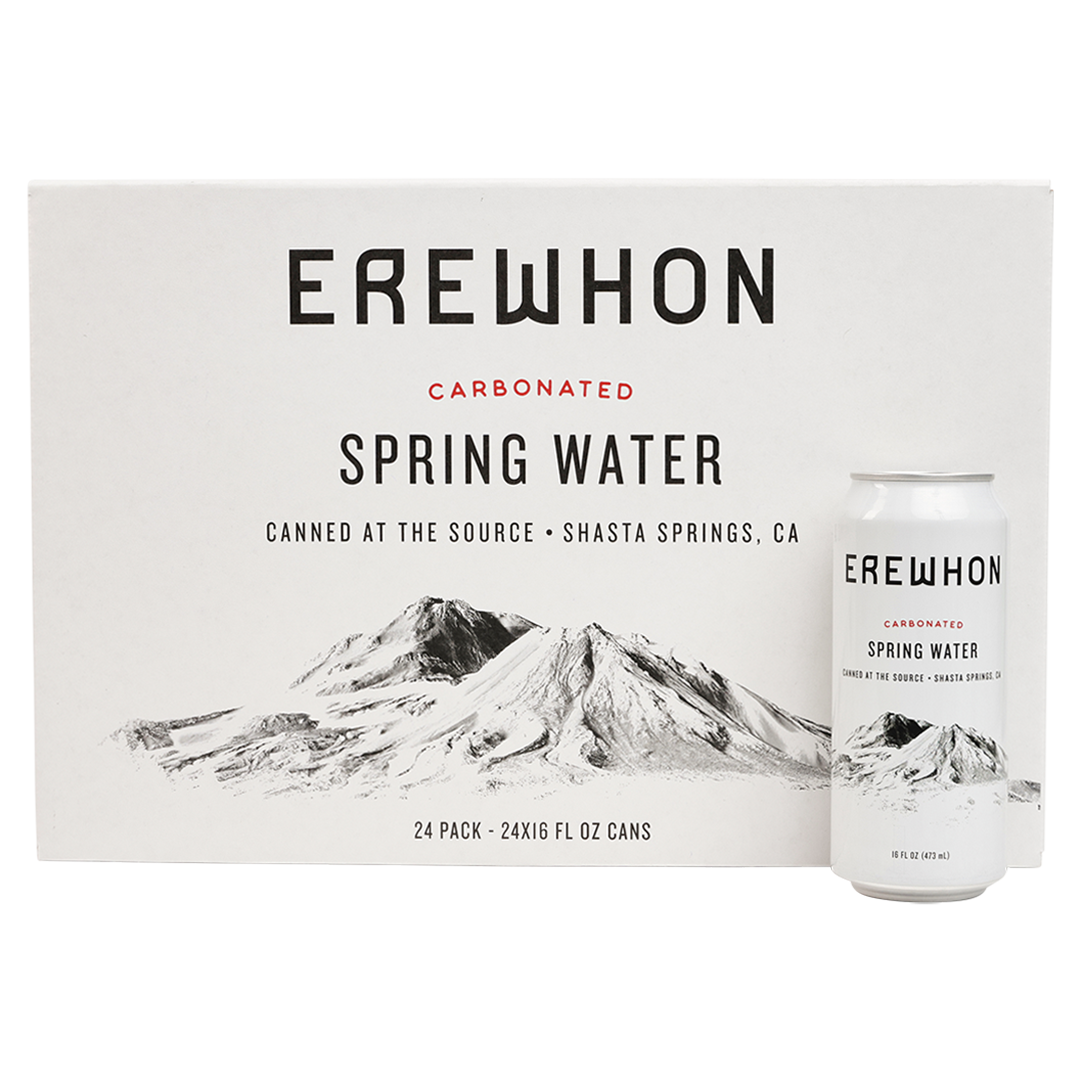 A 24-pack of Erewhon Sparkling Water in 16 oz cans, with packaging featuring an image of Mount Shasta.
