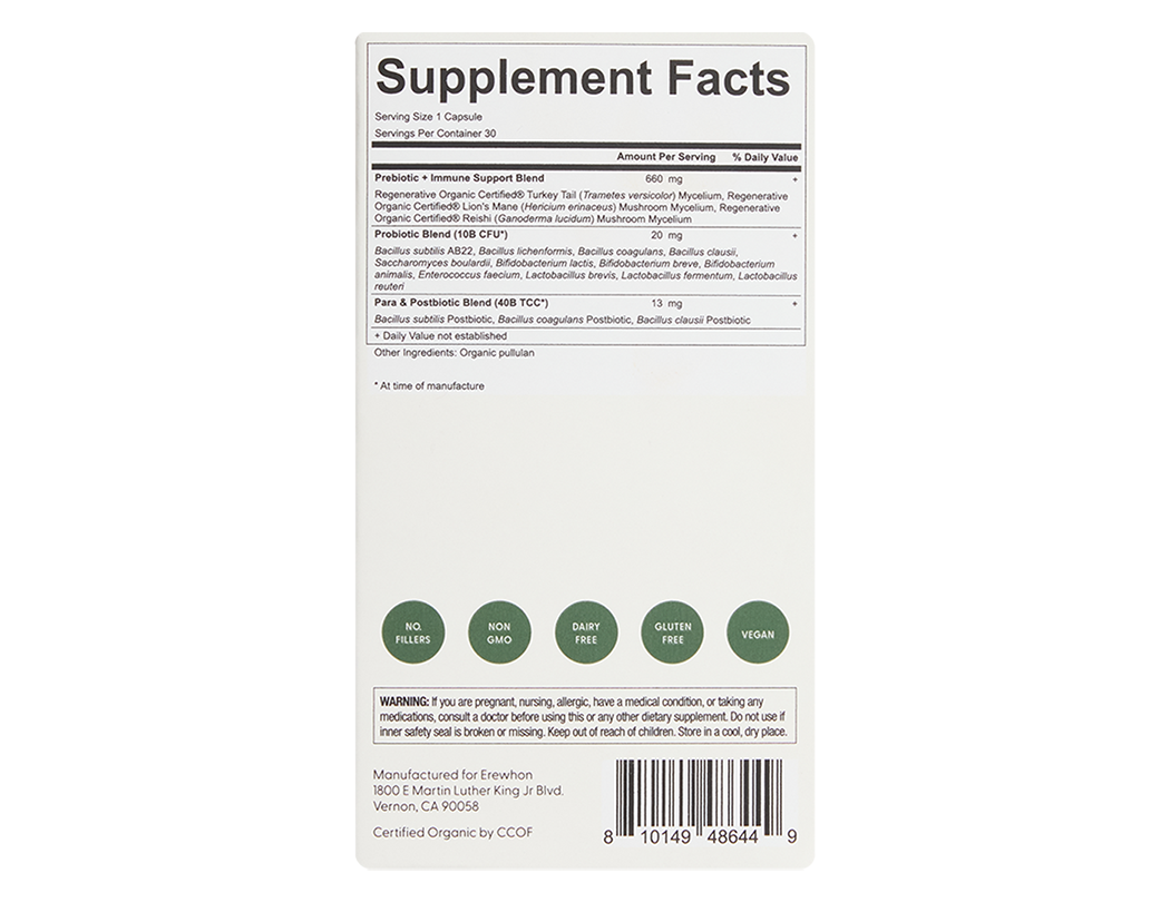Erewhon Total Synbiotic Back of Package 30 Cap | A Complete Probiotic