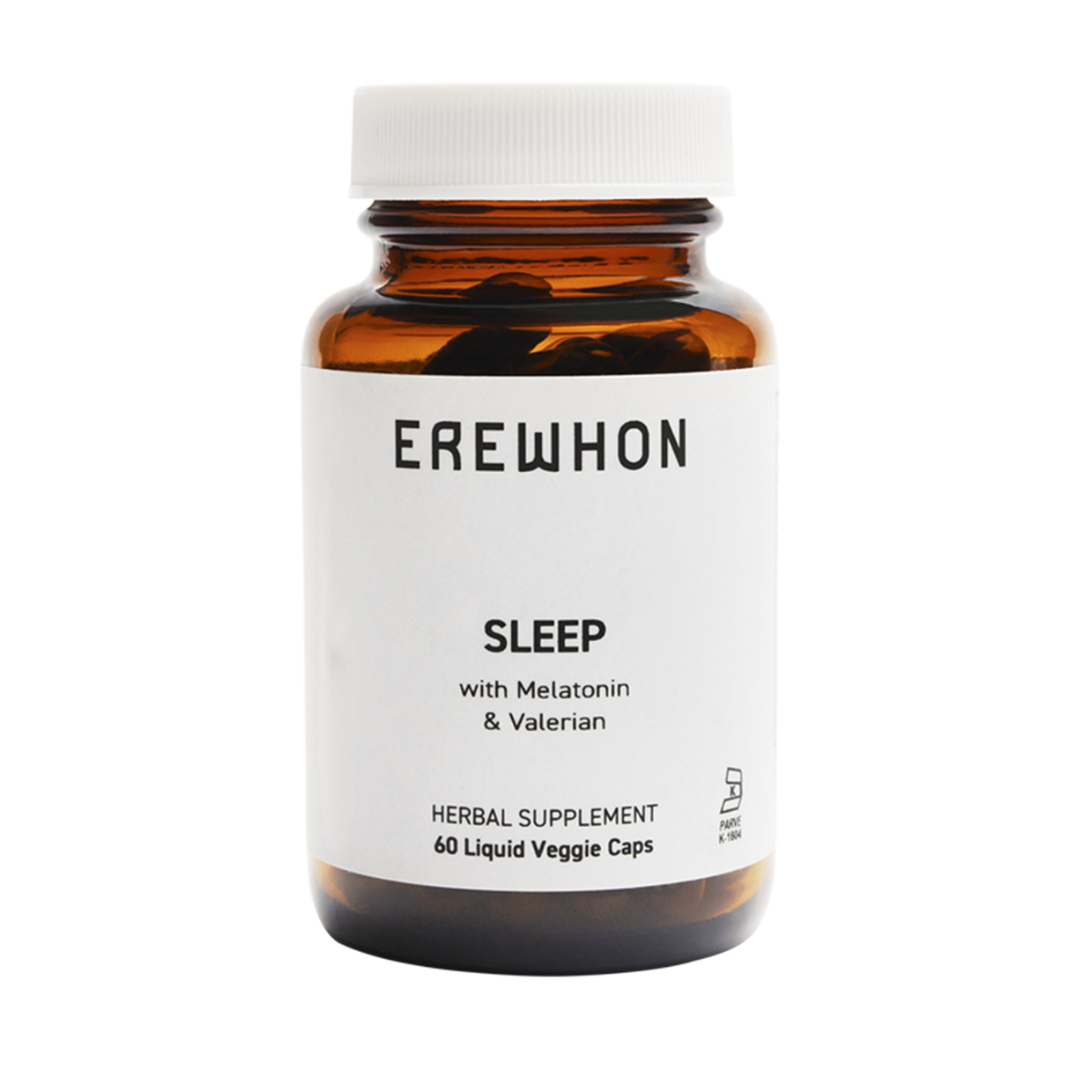 Erewhon Sleep with Valerian-Melatonin supplement bottle featuring a blend of valerian, melatonin, non-GMO soy lecithin, and vegetable cellulose