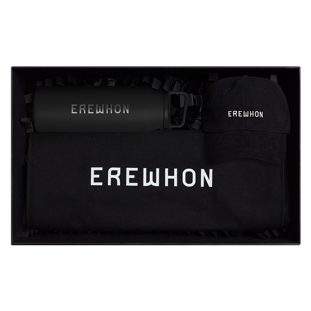 Erewhon gift set with black traveler bag, black dad hat and Miir 32 oz insulated water bottle in steel gray or sandstone