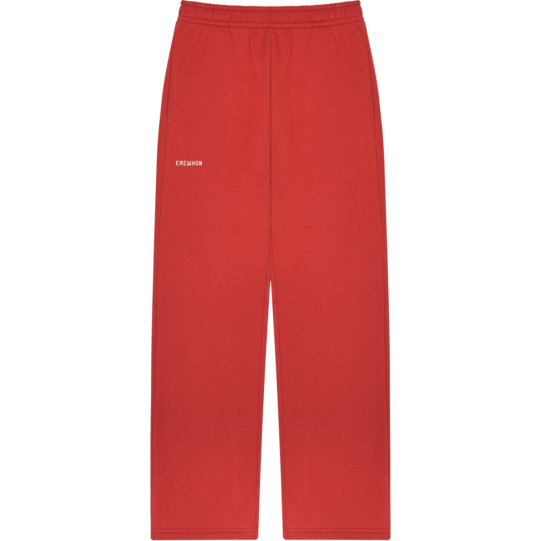 Red sweatpants with side seam pockets and an elastic waistband.