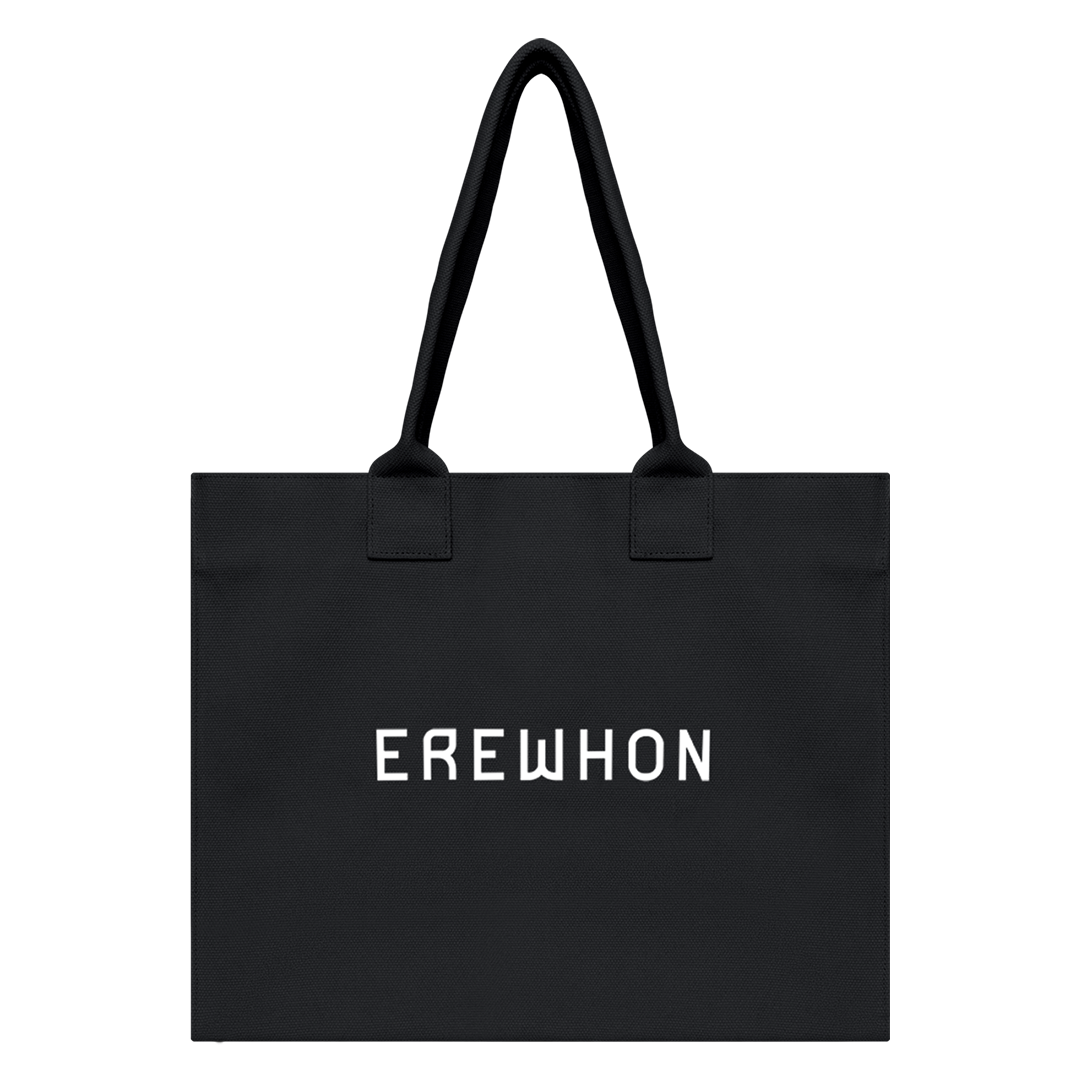 Eco-friendly Erewhon Traveler Bag in Charcoal Brown, handcrafted from organic cotton with black print, sustainable dye, and 9-inch handle for versatile use.