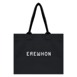 Eco-friendly Erewhon Traveler Bag in Charcoal Brown, handcrafted from organic cotton with black print, sustainable dye, and 9-inch handle for versatile use.