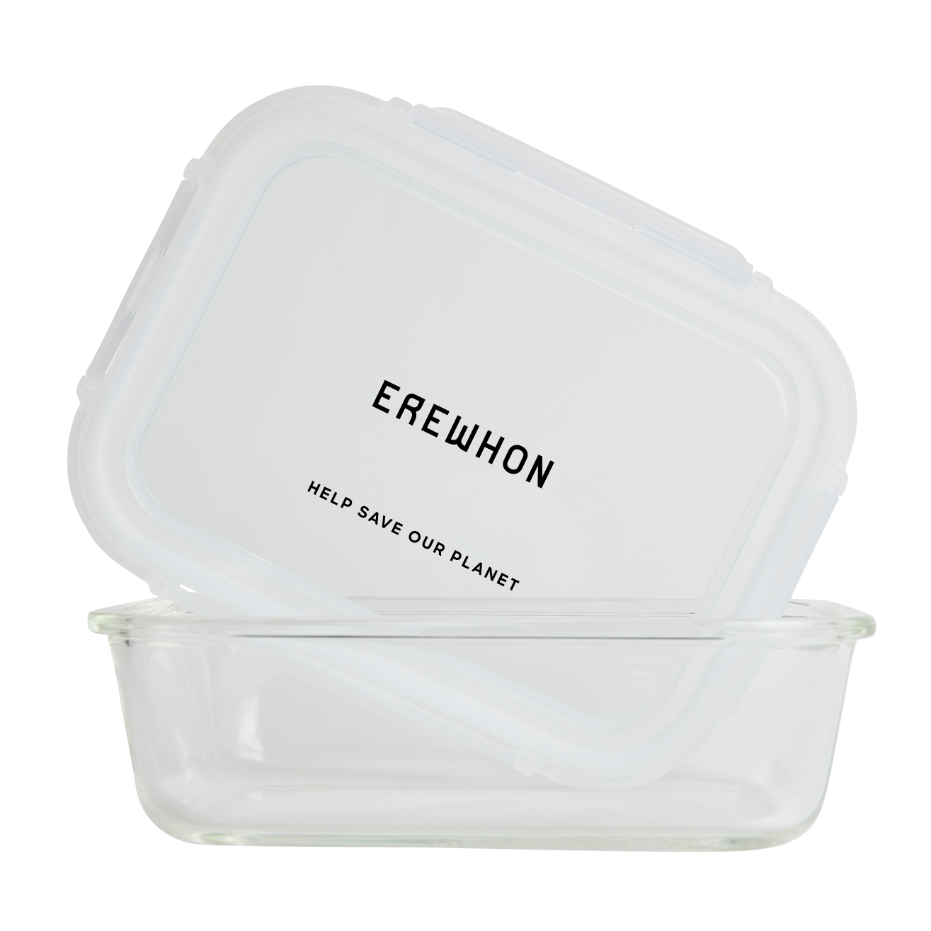 A clear glass food storage container with a lid, featuring the brand name 'EREWHON' and the phrase 'HELP SAVE OUR PLANET' on the lid.