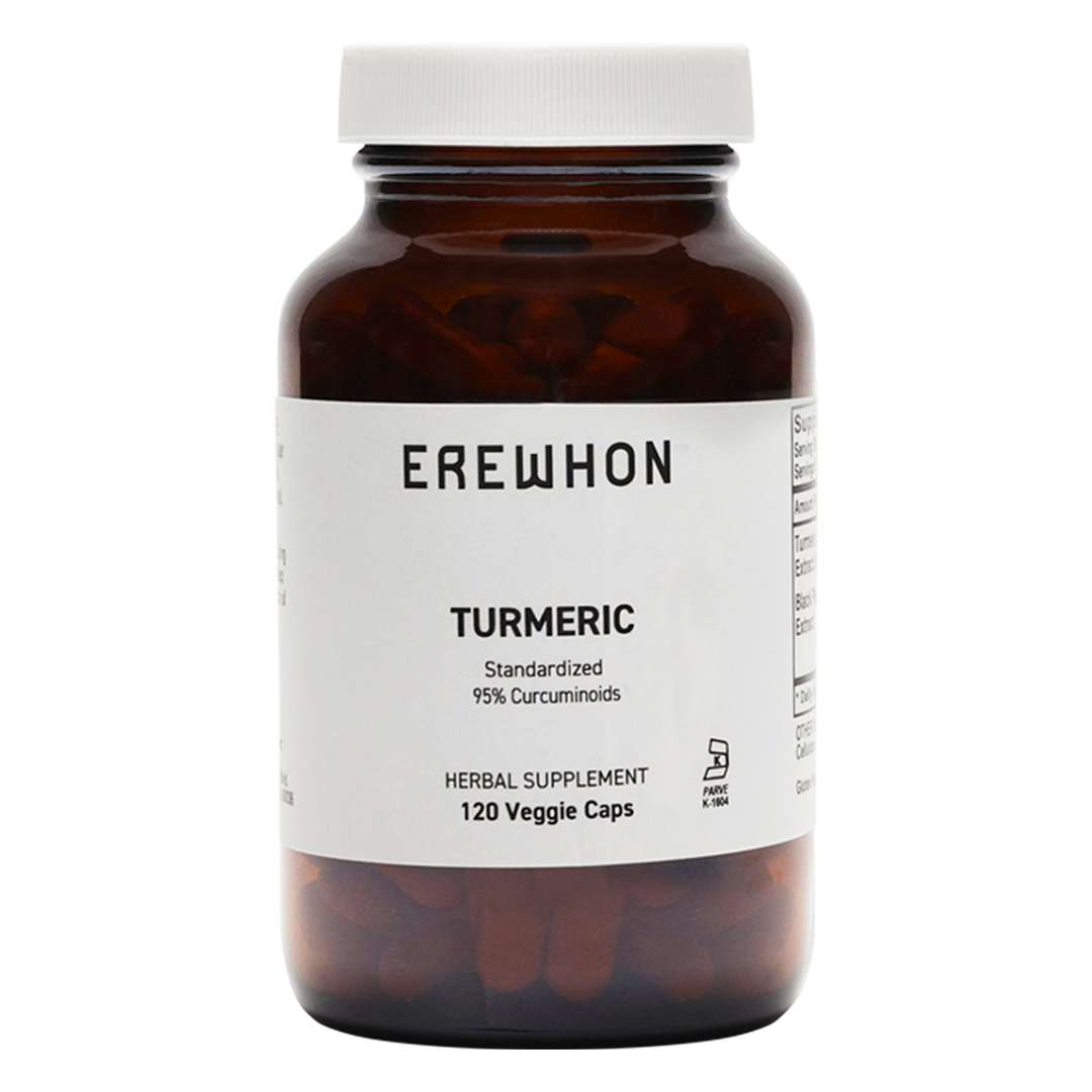 A bottle of Erewhon Turmeric supplement with 120 veggie caps.