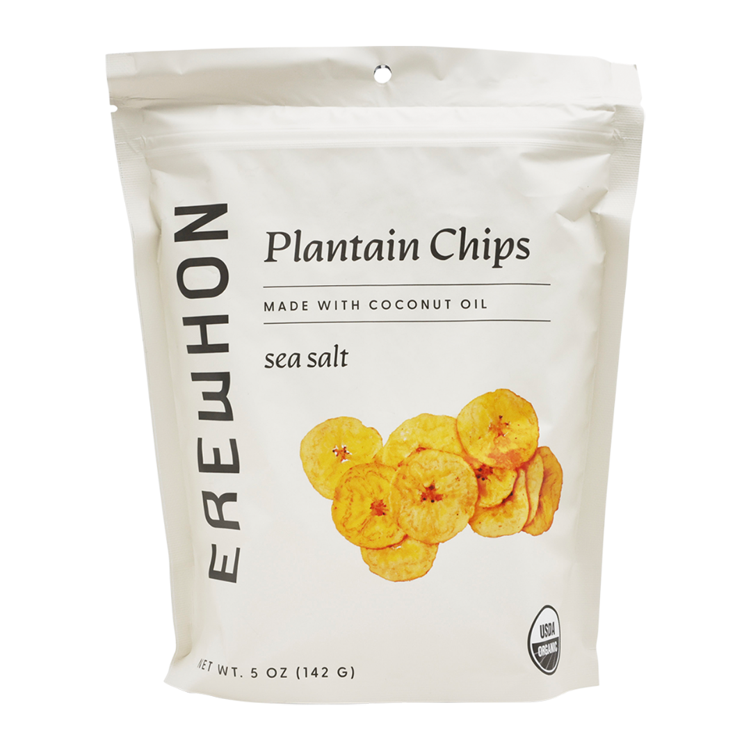 A package of Erewhon Organic Plantain Chips with sea salt. The packaging is white with the brand name and product description, and an image of the chips displayed on the front.