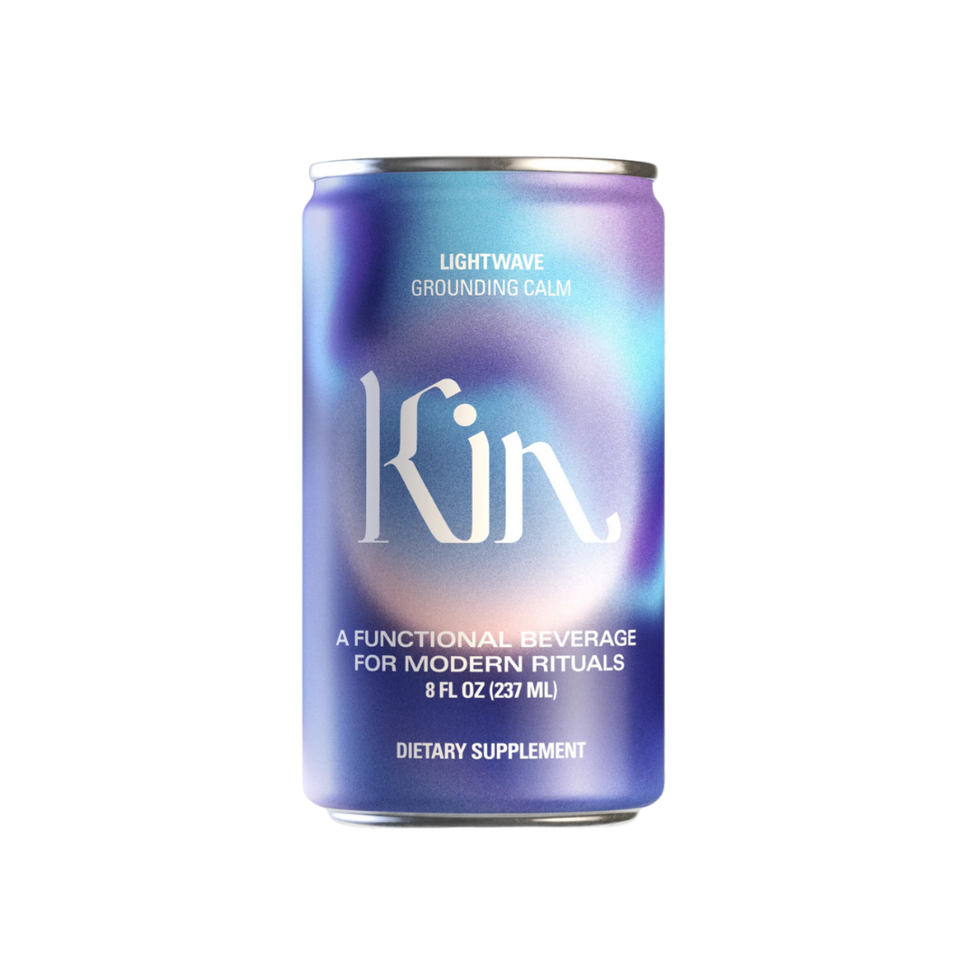 Kin Lightwave 4-pack – non-alcoholic, non-caffeinated drink with adaptogens, nootropics, and botanics like Reishi Mushroom, L-Theanine, and L-Tryptophan, 8oz cans