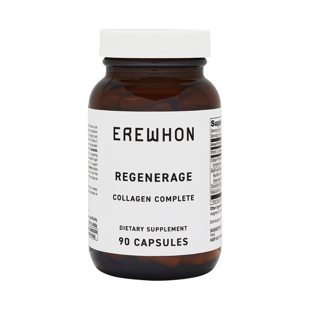 Erewhon RegenerAge Collagen Complete supplement bottle featuring a blend of hyaluronic acid, chondroitin sulfate, bovine and chicken collagen, grape seed, and red wine extracts