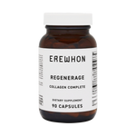 Erewhon RegenerAge Collagen Complete supplement bottle featuring a blend of hyaluronic acid, chondroitin sulfate, bovine and chicken collagen, grape seed, and red wine extracts