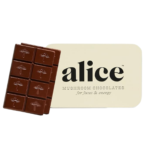 A bar of dark chocolate with mushroom illustrations and the brand name 'alice' written above, indicating mushroom chocolate for focus and energy.