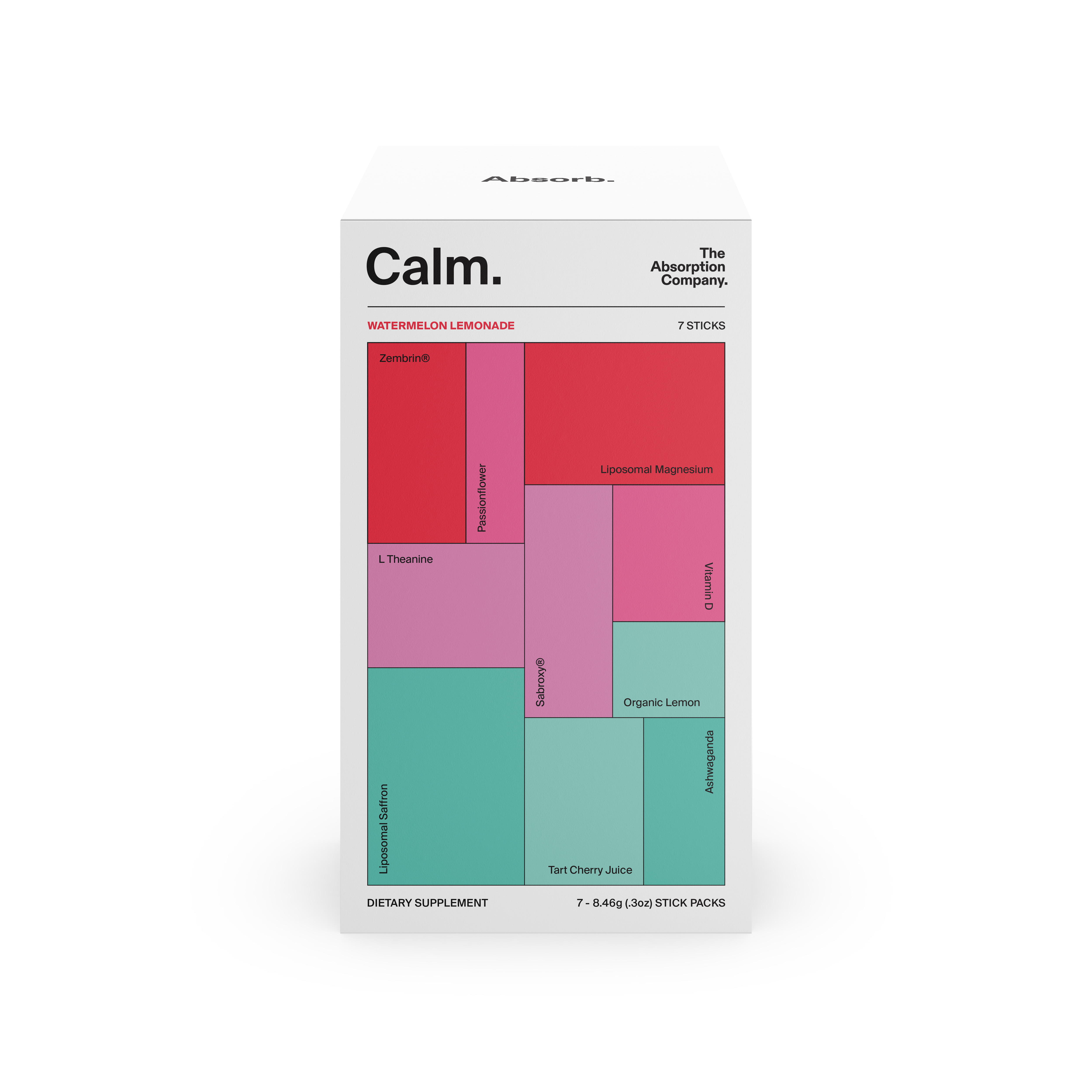 A packaged supplement called 'Calm' by The Absorption Company, with a color-coded design indicating various ingredients such as Ashwagandha and Passionflower.