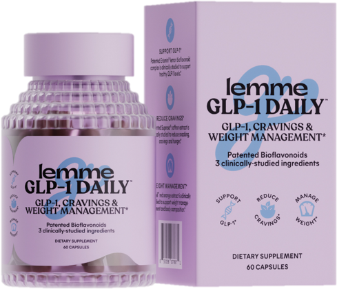 Lemme GLP-1 Daily capsules, with information on the product's purpose for managing cravings and weight.