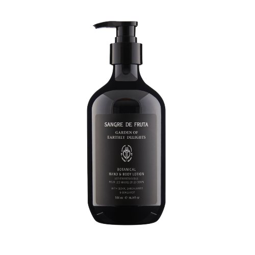 A black pump bottle of Sangre de Fruta Botanical Hand & Body Lotion with white and silver text detailing the product name and ingredients.