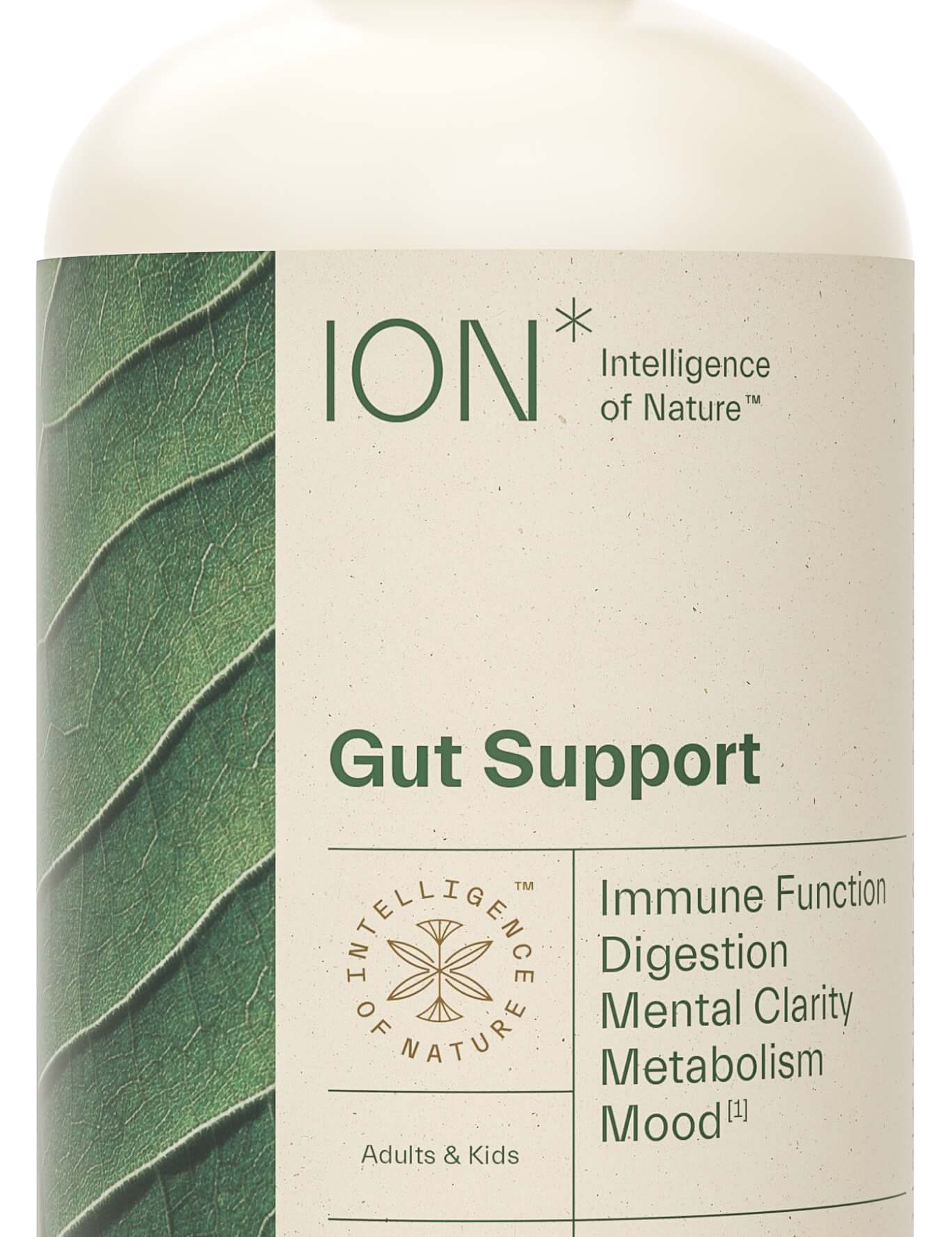 A bottle of ION Gut Support supplement, which is a natural and soil-derived product intended to strengthen the gut lining and support digestion.