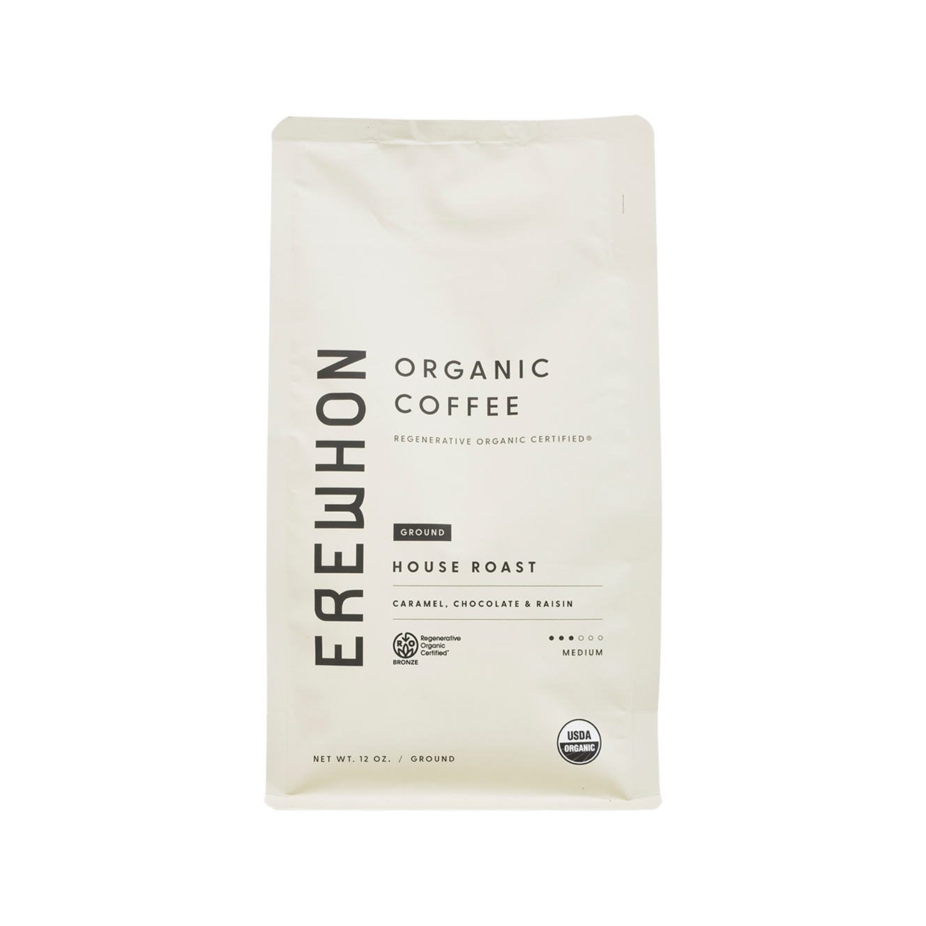 A package of Erewhon Organic Coffee, House Roast, ground, with a label indicating it is Regenerative Organic Certified.