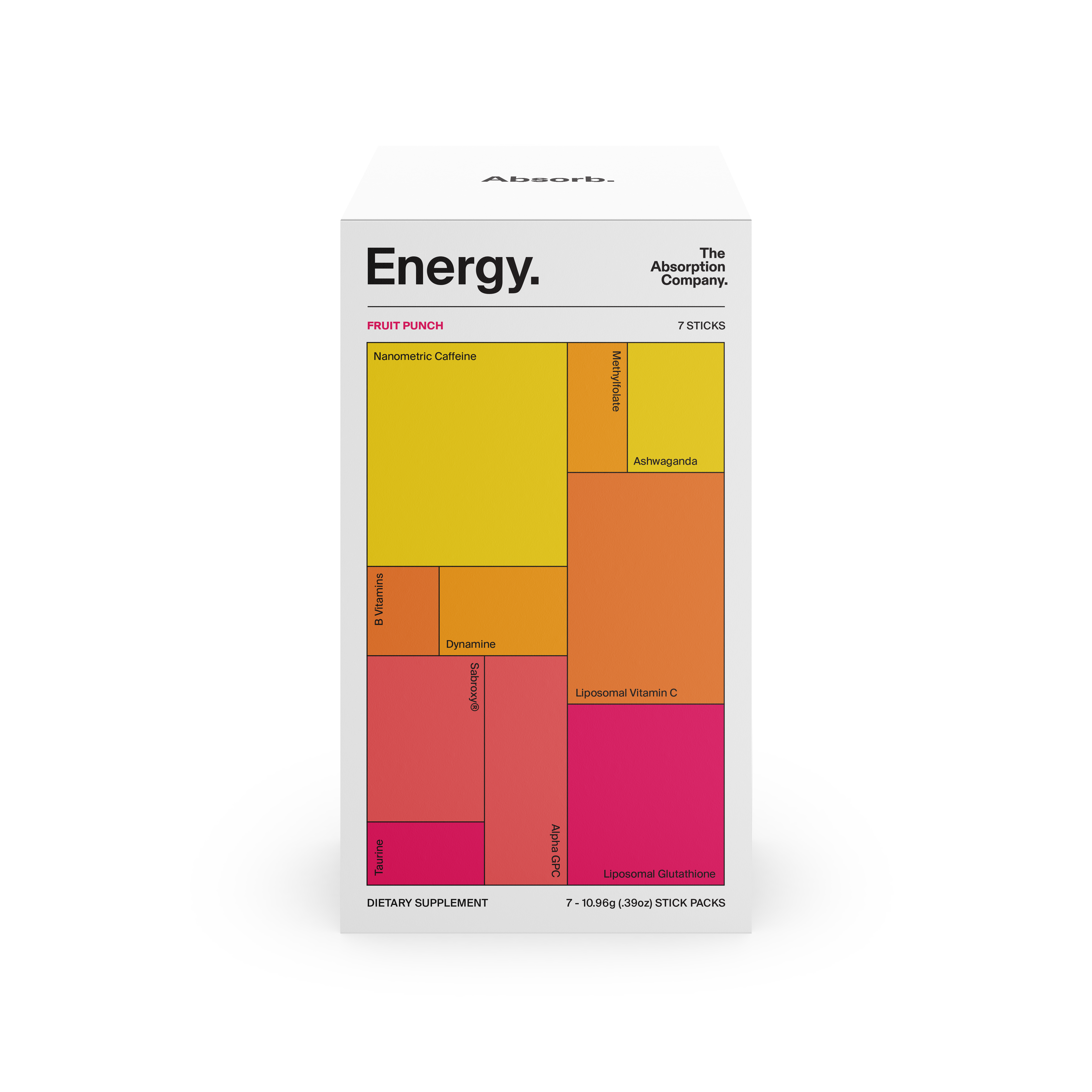 A packaged supplement called 'Energy' by The Absorption Company, with a color-coded label indicating various vitamins and nutrients such as Vitamin C, Vitamin D, and others.